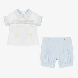 بريتي أوريجينال-بِدلة رسمية مطرزة سموكينغ مزيج قطن لون أبيض وأزرق | Childrensalon Outlet