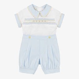 بريتي أوريجينال-بِدلة رسمية مطرزة سموكينغ مزيج قطن لون أبيض وأزرق | Childrensalon Outlet