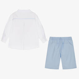 بريتي أوريجينال-طقم شورت مزيج قطن بوبلين لون أبيض وأزرق | Childrensalon Outlet