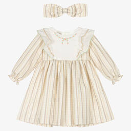 Pretty Originals-Girls Beige Striped Dress Set | Childrensalon Outlet