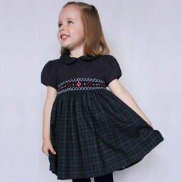 بريتي أوريجينال-طقم فستان مطرز سموكينغ مزيج تارتان لون كحلي | Childrensalon Outlet