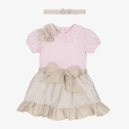بريتي أوريجينال-Girls Pink & Beige Skirt Set | Childrensalon Outlet