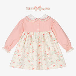 بريتي أوريجينال-طقم فستان أطفال بناتي زهري وعاجي بطبعة ورود | Childrensalon Outlet