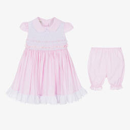 بريتي أوريجينال-طقم فستان مطرز سموكينغ مزيج قطن لون زهري | Childrensalon Outlet