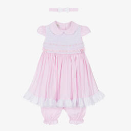 بريتي أوريجينال-طقم فستان مطرز سموكينغ مزيج قطن لون زهري | Childrensalon Outlet