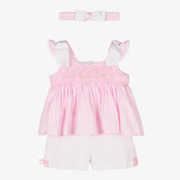 Pretty Originals-Girls Pink & White Smocked Cotton Shorts Set | Childrensalon Outlet