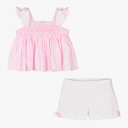 Pretty Originals-Girls Pink & White Smocked Cotton Shorts Set | Childrensalon Outlet