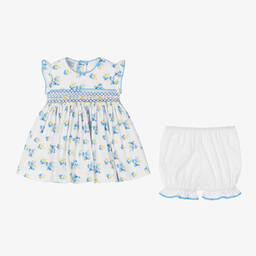 بريتي أوريجينال-طقم فستان مطرز سموكينغ قطن لون أبيض وأزرق | Childrensalon Outlet