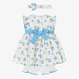 بريتي أوريجينال-طقم فستان مطرز سموكينغ قطن لون أبيض وأزرق | Childrensalon Outlet