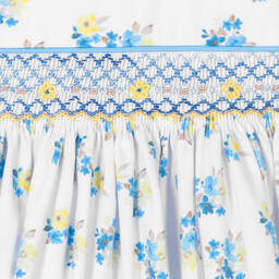 بريتي أوريجينال-طقم فستان مطرز سموكينغ قطن لون أبيض وأزرق | Childrensalon Outlet