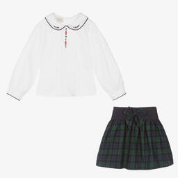 بريتي أوريجينال-طقم تنورة قطن تارتان لون أبيض وأخضر | Childrensalon Outlet
