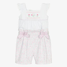 بريتي أوريجينال-بِدلة رسمية قطن لون أبيض وزهري بطبعة ورود | Childrensalon Outlet