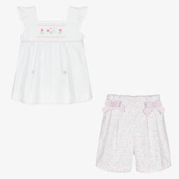 بريتي أوريجينال-بِدلة رسمية قطن لون أبيض وزهري بطبعة ورود | Childrensalon Outlet