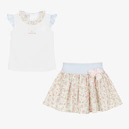 Pretty Originals-Girls White & Pink Floral Skirt Set | Childrensalon Outlet