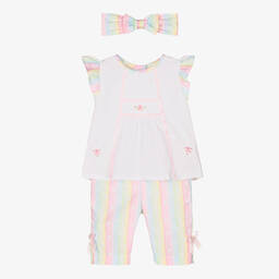 Pretty Originals-طقم بنطلون مزيج قطن بوبلين لون أبيض وزهري | Childrensalon Outlet