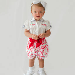 بريتي أوريجينال-بِدلة رسمية قطن لون أبيض وأحمر بطبعة ورود | Childrensalon Outlet