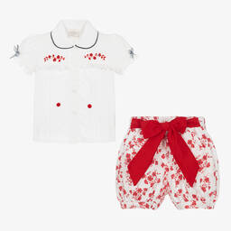 بريتي أوريجينال-بِدلة رسمية قطن لون أبيض وأحمر بطبعة ورود | Childrensalon Outlet