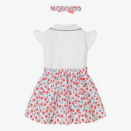 Pretty Originals-طقم تنورة قطن لون أبيض وأحمر بطبعة ورود | Childrensalon Outlet