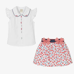 Pretty Originals-طقم تنورة قطن لون أبيض وأحمر بطبعة ورود | Childrensalon Outlet