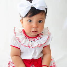 بريتي أوريجينال-طقم تنورة مطرز سموكينغ قطن لون أبيض وأحمر | Childrensalon Outlet