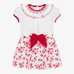 بريتي أوريجينال-طقم تنورة مطرز سموكينغ قطن لون أبيض وأحمر | Childrensalon Outlet