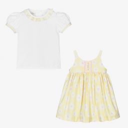 بريتي أوريجينال-طقم فستان قطن بوبلين لون أصفر وأبيض | Childrensalon Outlet