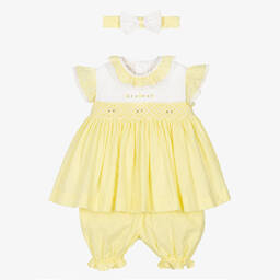 Pretty Originals-Girls Yellow Smocked Cotton Dress Set | Childrensalon Outlet