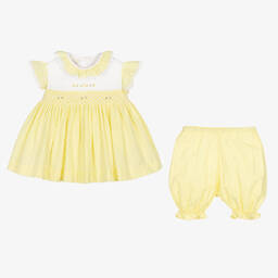 Pretty Originals-Girls Yellow Smocked Cotton Dress Set | Childrensalon Outlet