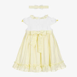 بريتي أوريجينال-طقم فستان مطرز سموك قطن مقلم لون أصفر وأبيض | Childrensalon Outlet
