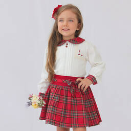 بريتي أوريجينال-طقم تنورة قطن تارتان لون عاجي وأحمر | Childrensalon Outlet