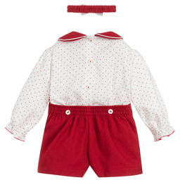 بريتي أوريجينال-طقم شورت مطرز 3 قطع لون أحمر وعاجي | Childrensalon Outlet