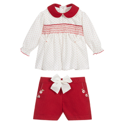 بريتي أوريجينال-طقم شورت مطرز 3 قطع لون أحمر وعاجي | Childrensalon Outlet