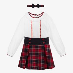 بريتي أوريجينال-طقم تنورة 3 قطع قطن تارتان لون أبيض وأحمر | Childrensalon Outlet
