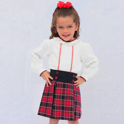 بريتي أوريجينال-طقم تنورة 3 قطع قطن تارتان لون أبيض وأحمر | Childrensalon Outlet