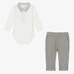 Pureté Du... Bébé-Baby Boys Grey & Ivory Cotton Trouser Set | Childrensalon Outlet