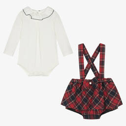 بيوريتي دو بيبي-طقم شورت قطن جيرسي تارتان لون أحمر للمولودات | Childrensalon Outlet