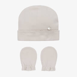 Pureté Du... Bébé-Beige Cotton Hat & Mittens Set | Childrensalon Outlet