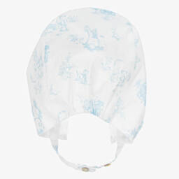 Pureté Du... Bébé-Girls White & Blue Toile Cotton Bonnet | Childrensalon Outlet