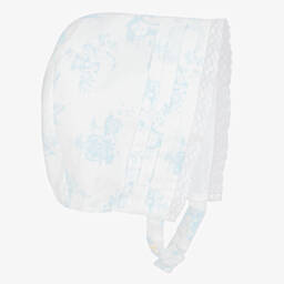Pureté Du... Bébé-Girls White & Blue Toile Cotton Bonnet | Childrensalon Outlet