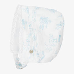 Pureté Du... Bébé-Girls White & Blue Toile Cotton Bonnet | Childrensalon Outlet