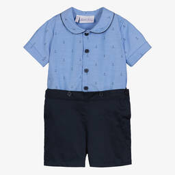 Rachel Riley-Baby Boys Blue Cotton Buster Suit | Childrensalon Outlet