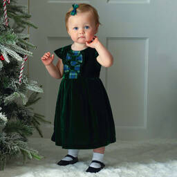 Rachel Riley-Baby Girls Green Velvet Tartan Bow Dress | Childrensalon Outlet