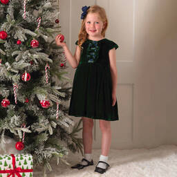 Rachel Riley-Girls Green Velvet Tartan Bow Dress | Childrensalon Outlet