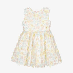 Rachel Riley-فستان تول ساتان نقي مزين بالورود للبنات | Childrensalon Outlet