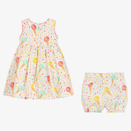 Rachel Riley-Girls White Ice Cream Print Dress & Bloomers | Childrensalon Outlet
