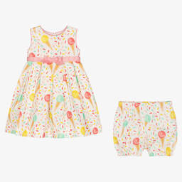 Rachel Riley-Girls White Ice Cream Print Dress & Bloomers | Childrensalon Outlet
