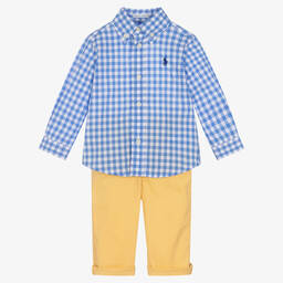 رالف لورين-طقم بنطلون قطن لون أزرق وأصفر للمواليد | Childrensalon Outlet