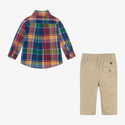 رالف لورين-طقم بنطلون وقميص قطن كاروهات لون بيج للمواليد | Childrensalon Outlet