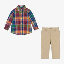 رالف لورين-طقم بنطلون وقميص قطن كاروهات لون بيج للمواليد | Childrensalon Outlet