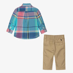 رالف لورين-طقم بنطلون وقميص قطن تويل لون بيج للمواليد | Childrensalon Outlet